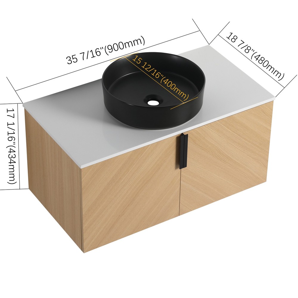 36" Wood Wall-Mounted Bathroom Vanity +Black Ceramic Sink Artificial Stone Slab