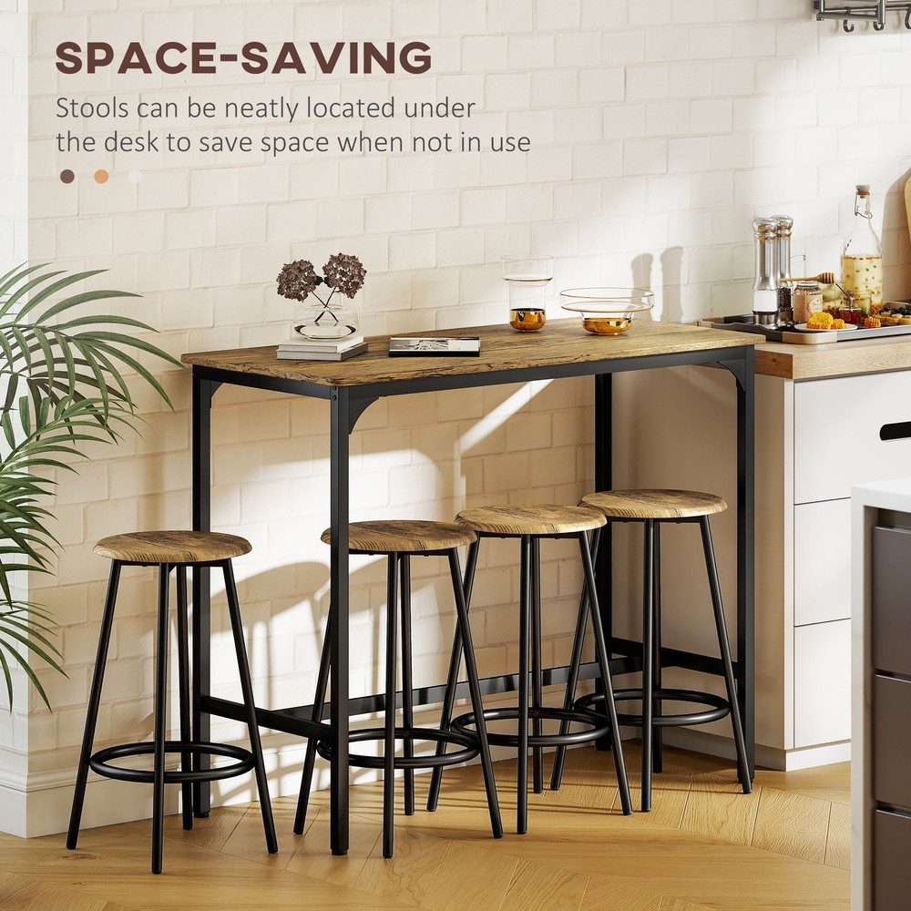 5 Piece Bar Table Set for 4, Counter Height Table & 4 Stools, Rustic Brown