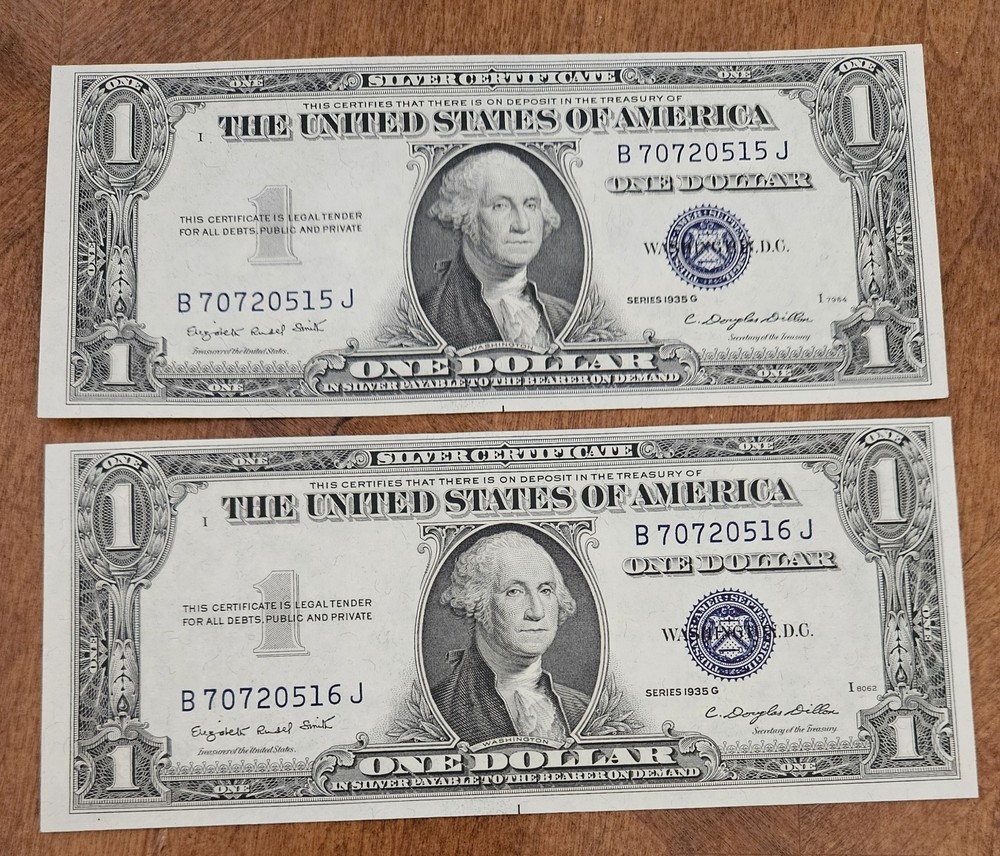 Consecutive Sequential Serial Numbers Silver Certificates 1935 G No Motto