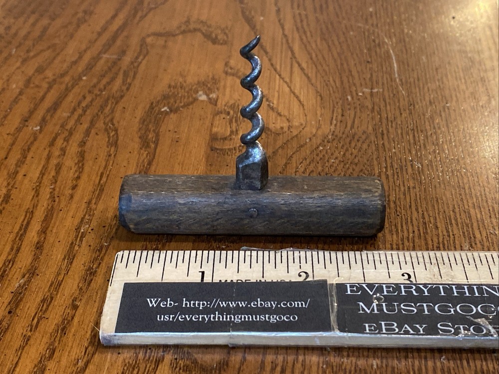 Small 19th Century Primitive Wooden Handle Direct Pull Corkscrew Antique 1800s