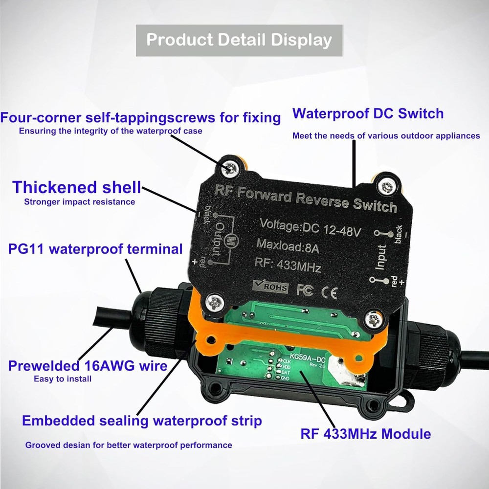 Compact Waterproof Wireless Switch for DC Motor - Forward Reverse Control