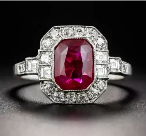 14K White Gold FN Art Deco Style Ruby Lab Created Diamond Anniversary Gift Ring