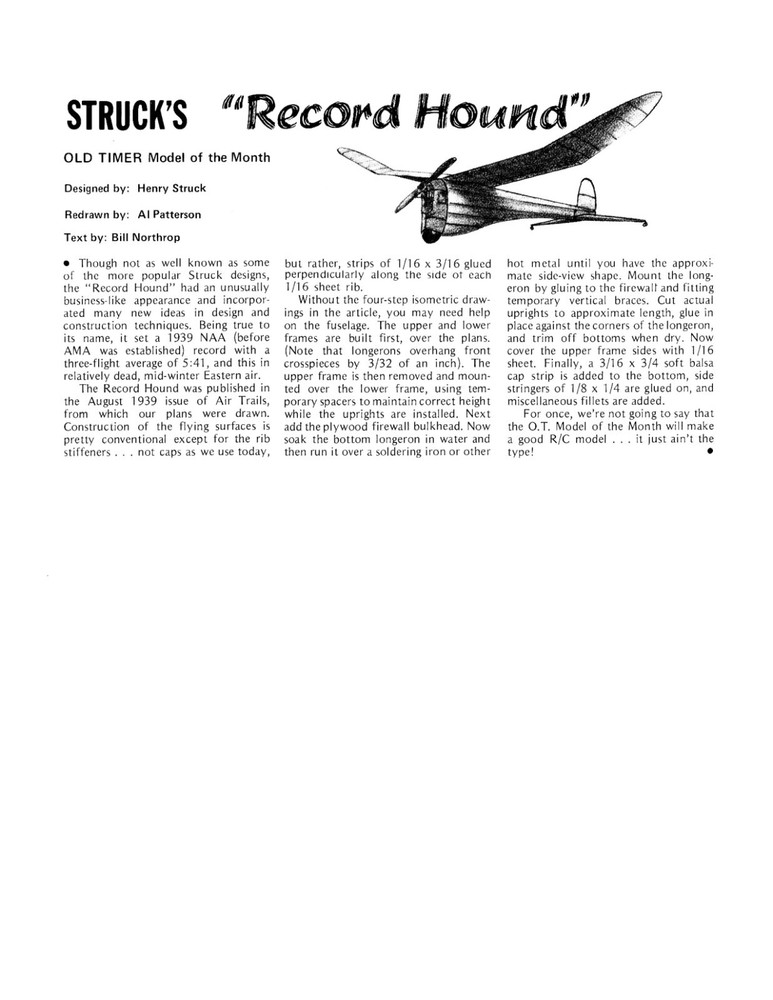 Model Airplane Plans (FF): Vintage RECORD HOUND 72" Class C (Henry Struck)