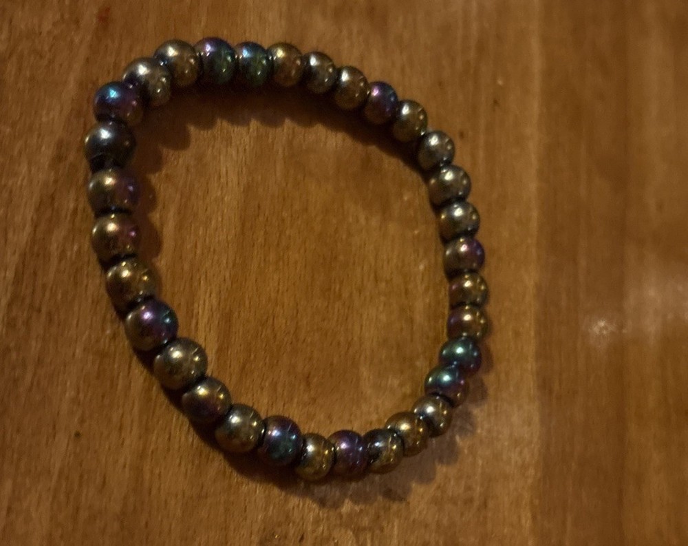 Handmade Stackable Set Of Two Black, Green, And Metallic Beaded Bracelets