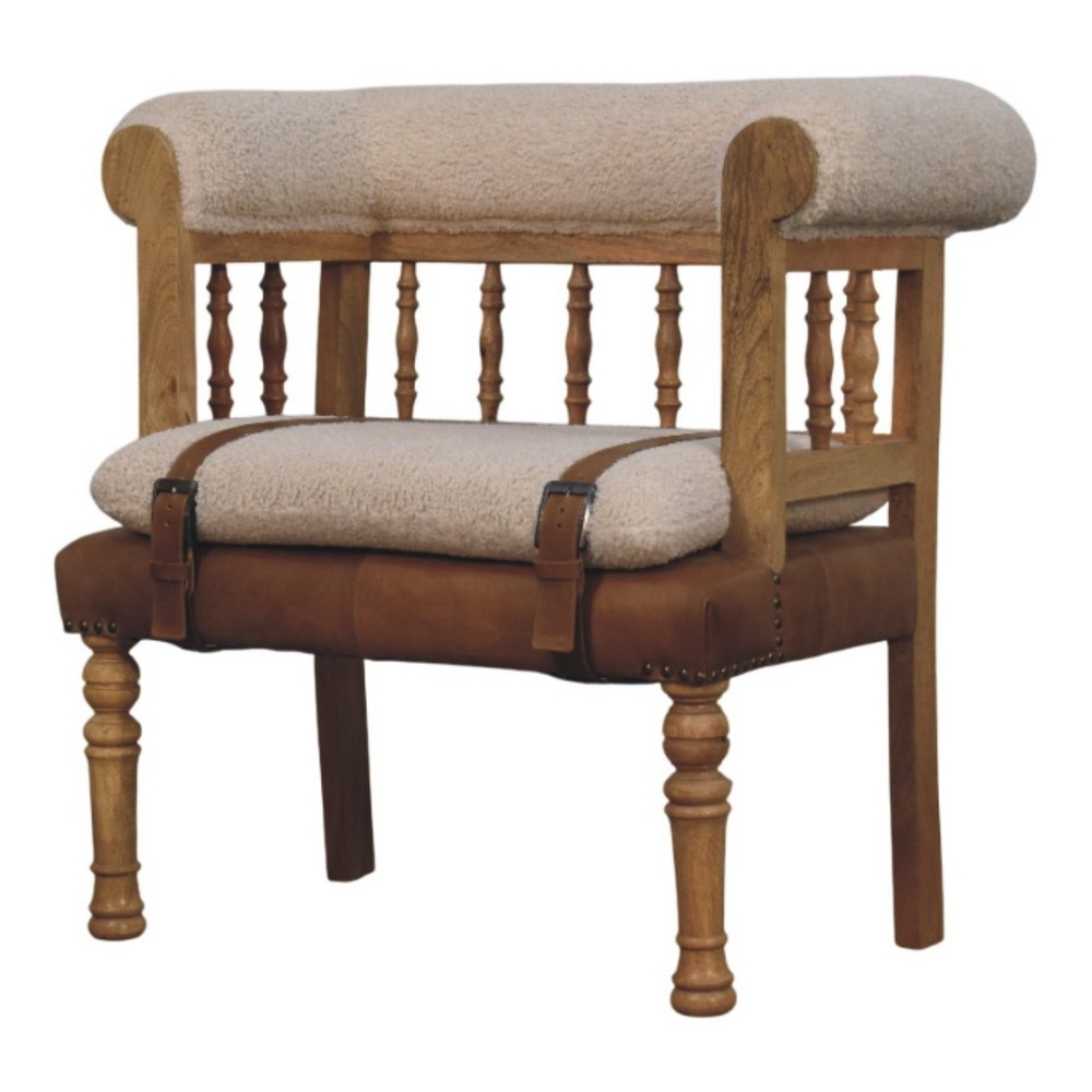 Strapped Boucle and Leather Hallway Bench
