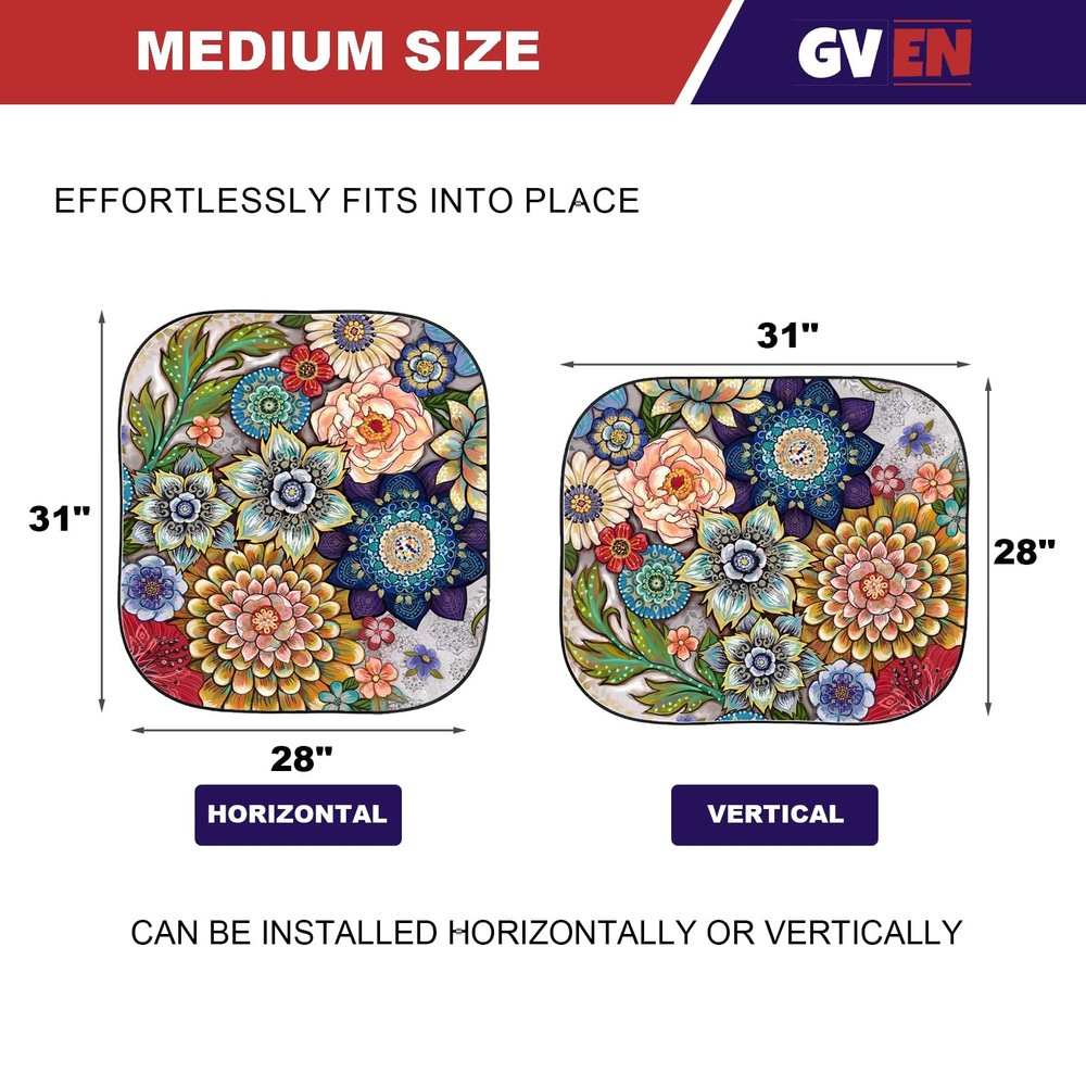Gven Windshield Sun Shade for Car 2-Piece Foldable Sunshade Medium, Florals