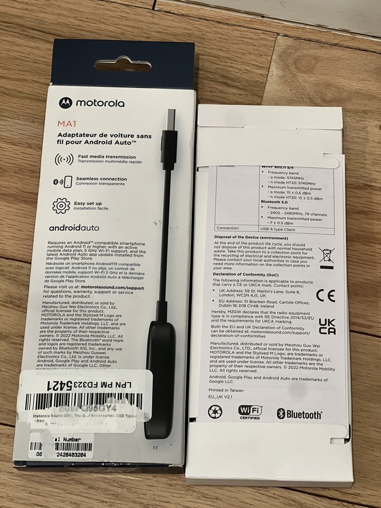 Motorola MA1 WIRELESS CAR ADAPTER For Android Auto Car Adapter Black Androidauto