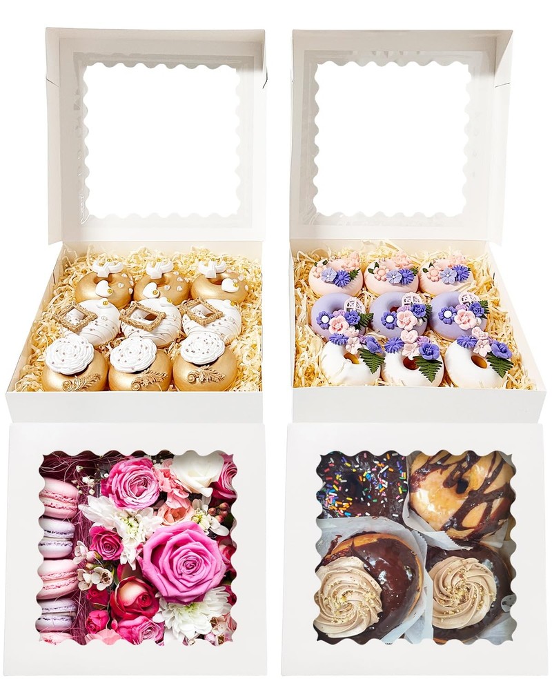 36 PCS White 10x10x2.5 Inch Bakery Boxes Window Auto Pop Up Macaroon Cookie