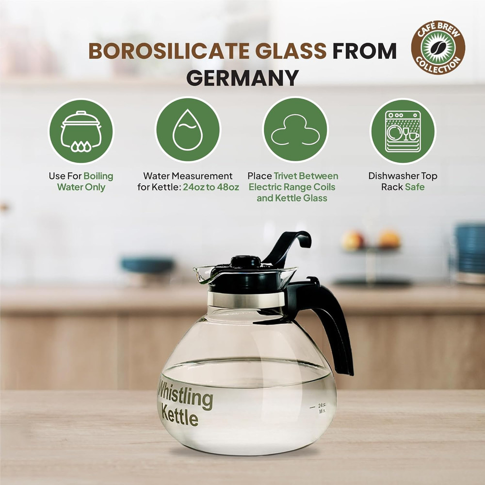 Borosilicate Glass Stove Top Whistling Tea Kettle - 12 Cup/48Oz Capacity - Bp...