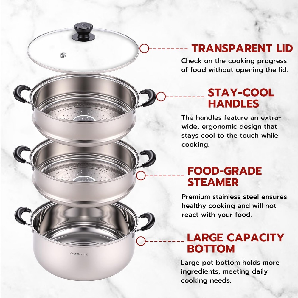 3 Tier Stainless Steel Steamer Pot For Cooking With Stackable Pan Insert, Foo...