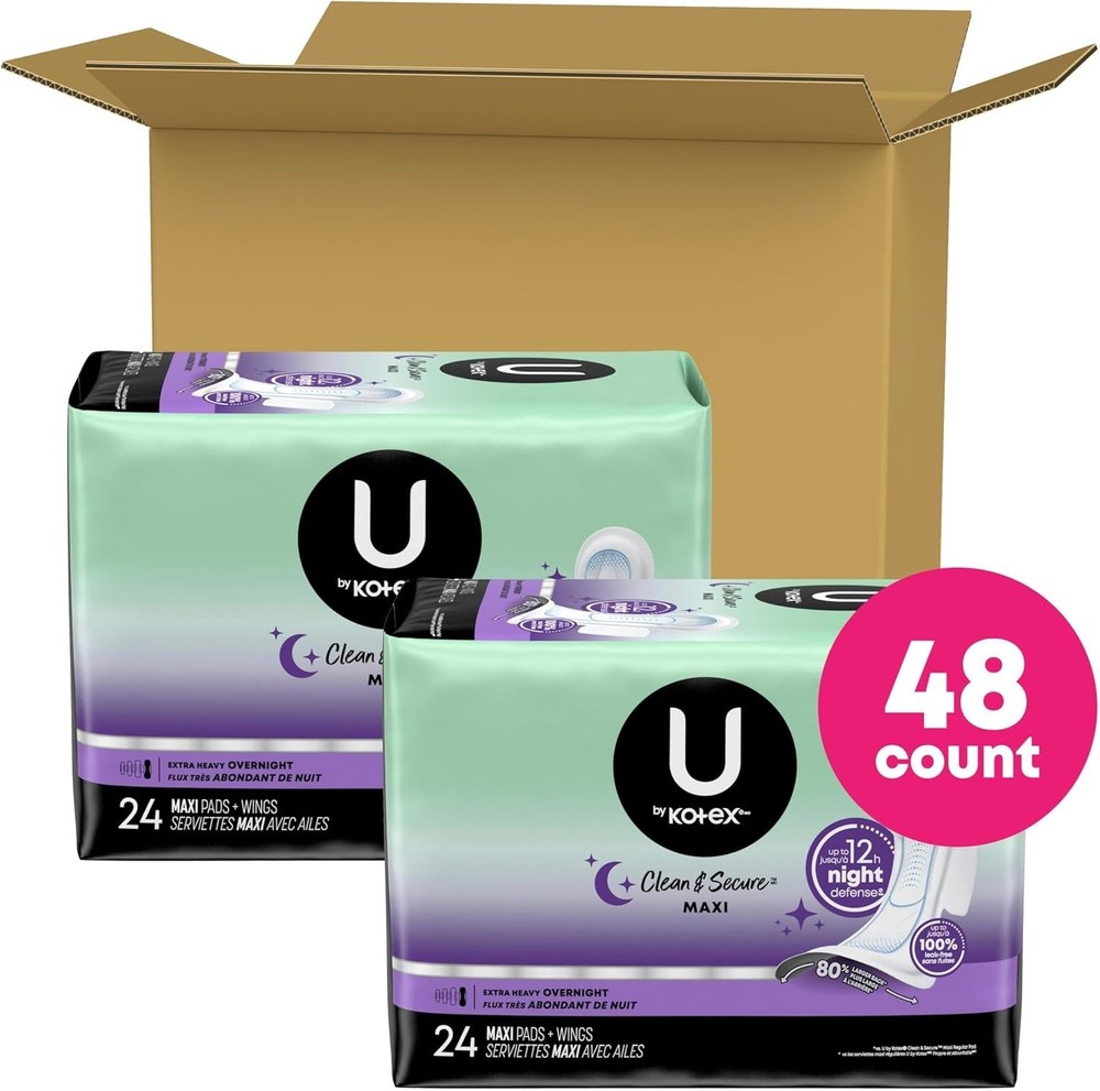 Clean & Secure Overnight Maxi Pads with Wings, Extra Heavy Absorbency, 48 Cou...