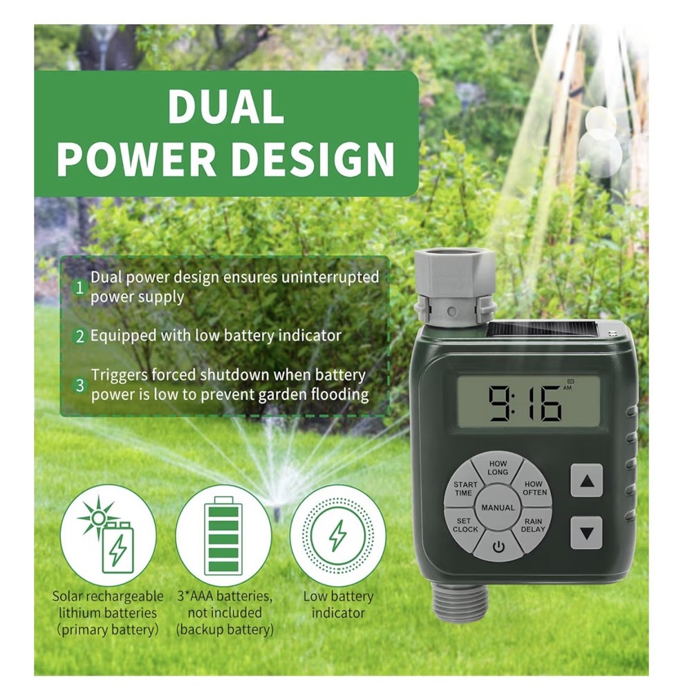 Sprinkler Timer, Programmable Irrigation Water Timer for Garden Hose, Solar/Batt