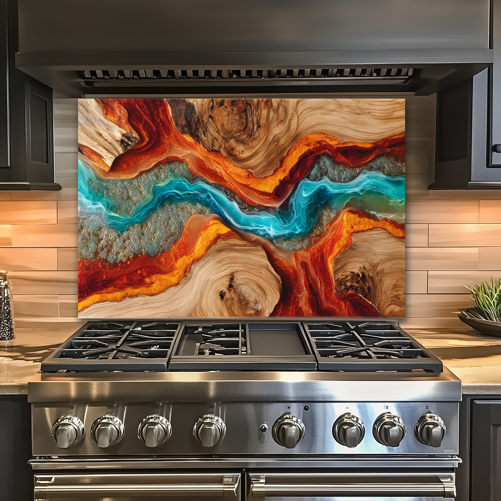 Made in USA Epoxy Effect Glass Kitchen Backsplash Behind Stove