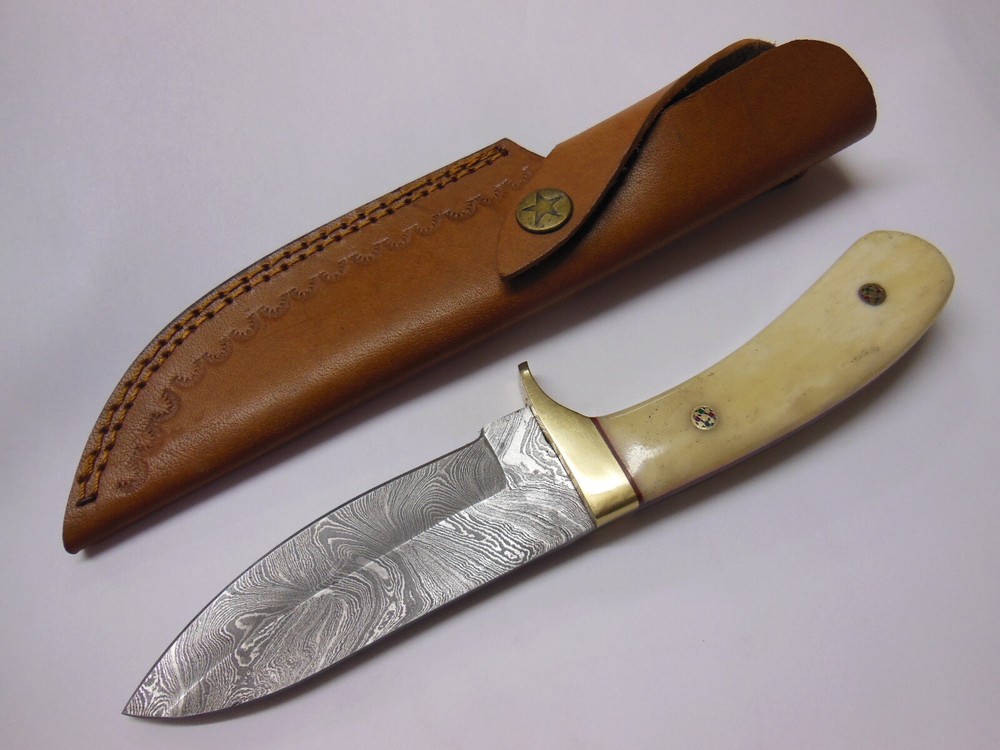 hand crafted Damascus Blade KNIFE w/ Bone Handle & Leather Sheath 9" long NEW
