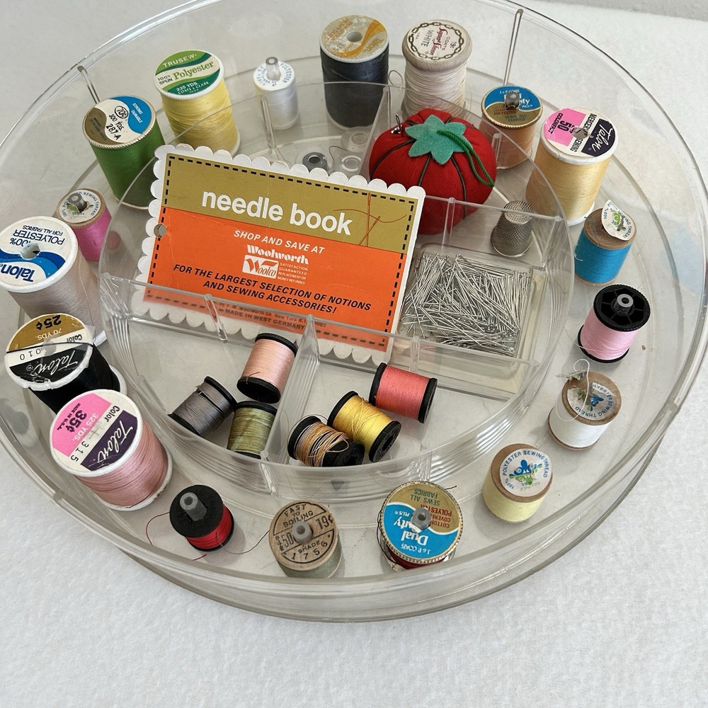 Vintage Round Sewing Thread Box Caddy w Accessories Large 60's Clear Plastic MCM