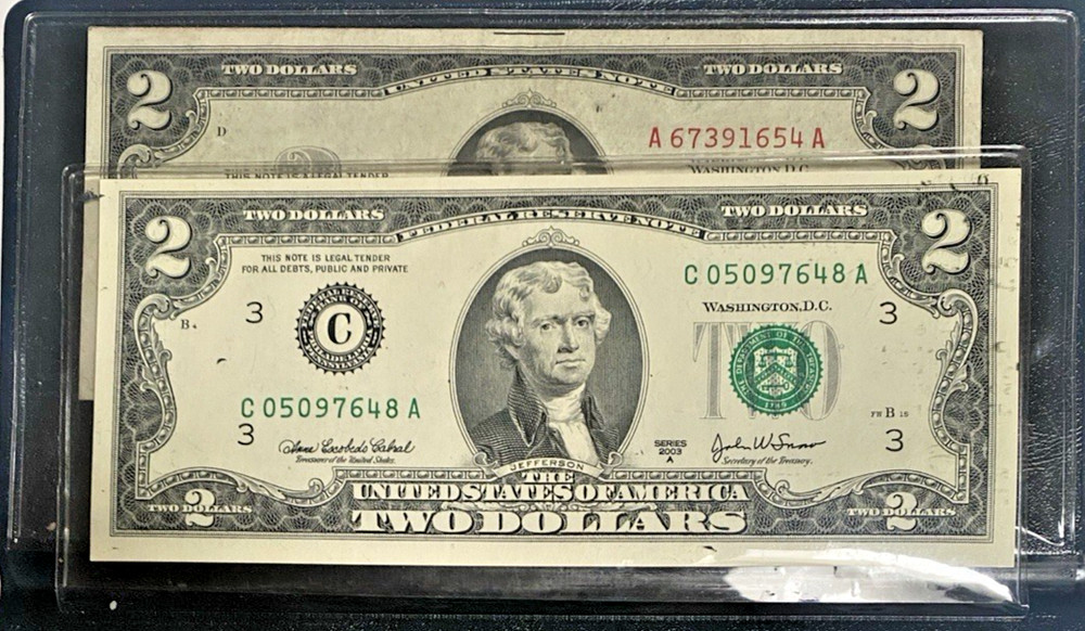 Red and green seal $2 bills