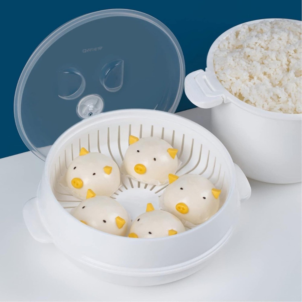 Plastic Microwave Heating Steamer with Lid and Tray White