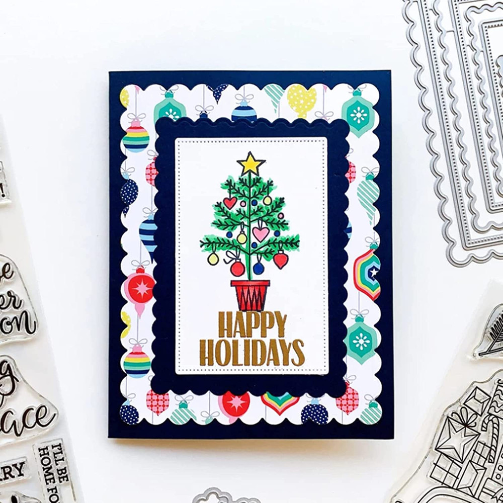 7Pcs/Set Rectangle Frame Metal Die Cuts, Scallops Stitched Nesting Tag Backgr...