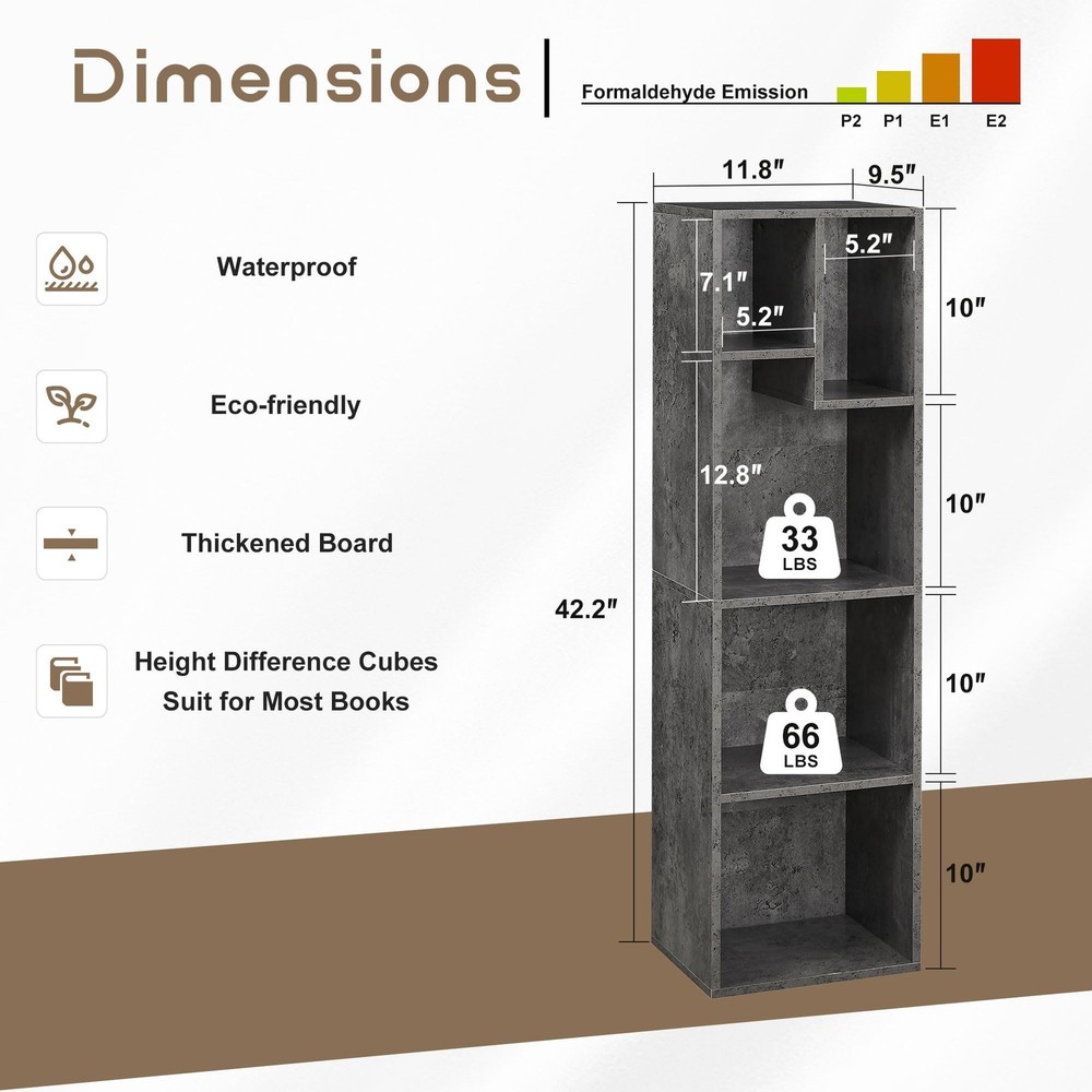 VECELO 4-Tier Bookcase, Modern Storage Cabinet with Height Difference Shelves fo