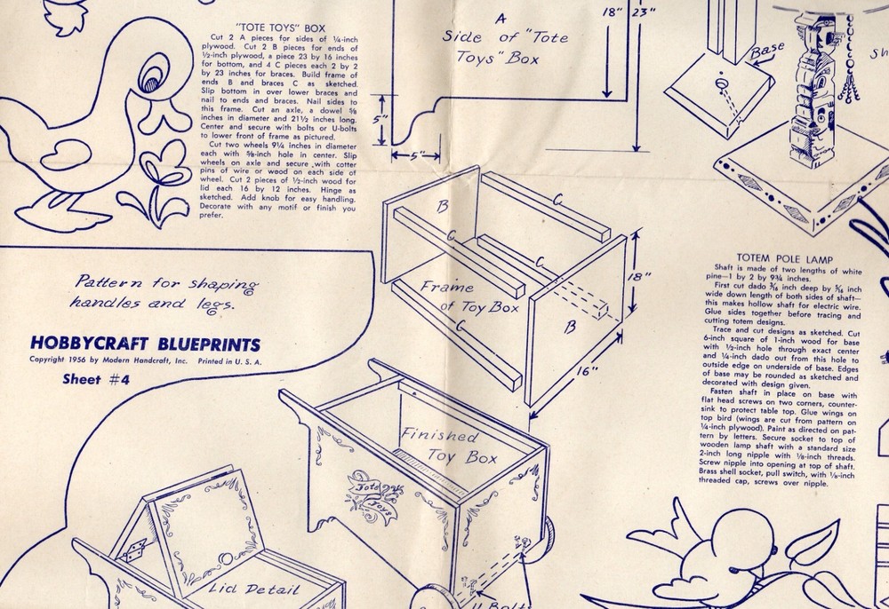 VTG 1950s DIY WOODWORKING HOBBYCRAFT BLUEPRINTS PATTERNS, 4 PAGES