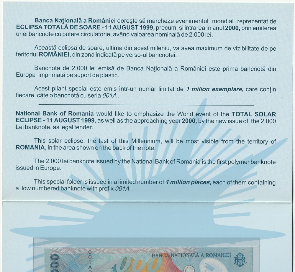 1999 ROMANIA, 2000 LEI, 1st PREFIX 001A UNCIRCULATED POLYMER W/ FOLDER