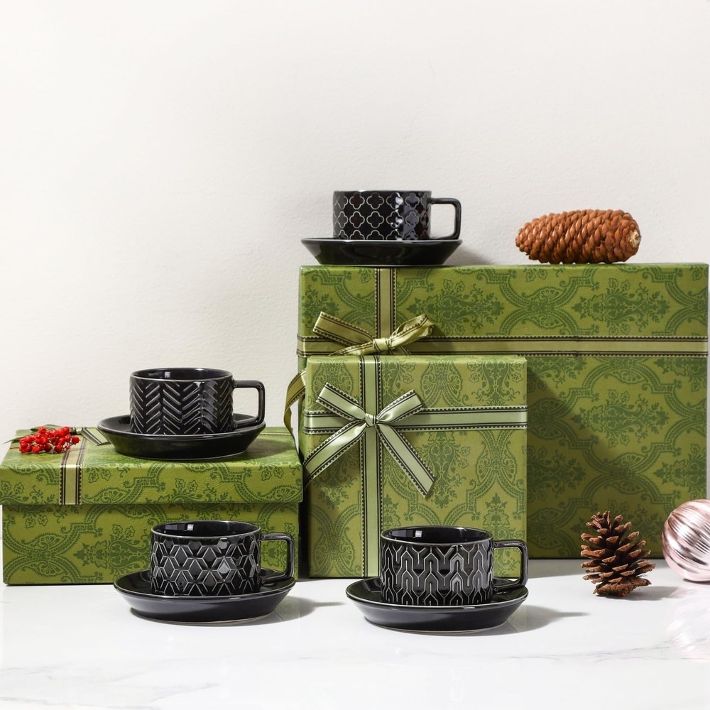 Sureasy 4 Ounce Ceramic Espresso Cups Set of 4 - Stackable Demitasse Cups wit...