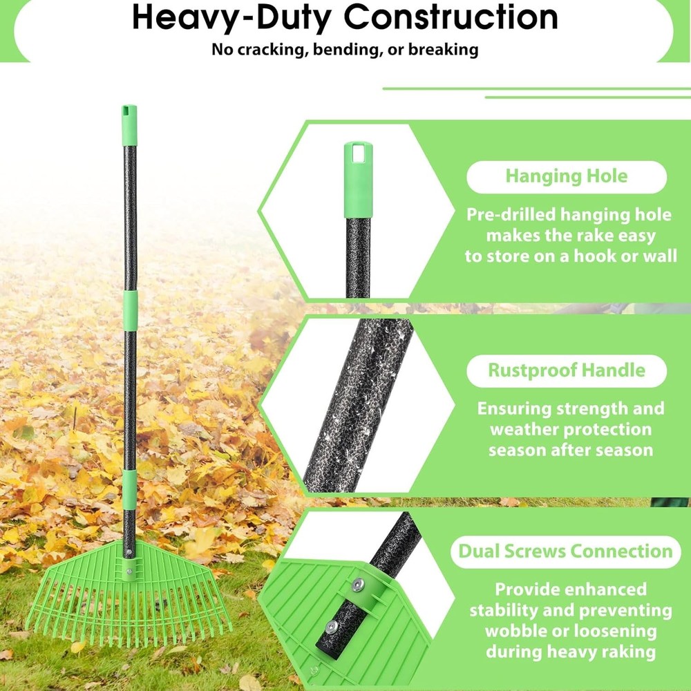 Garden Leaf Rake,16.5” Plastic Leaf Rake for Lawn,Unbreakable Nylon Head, No H