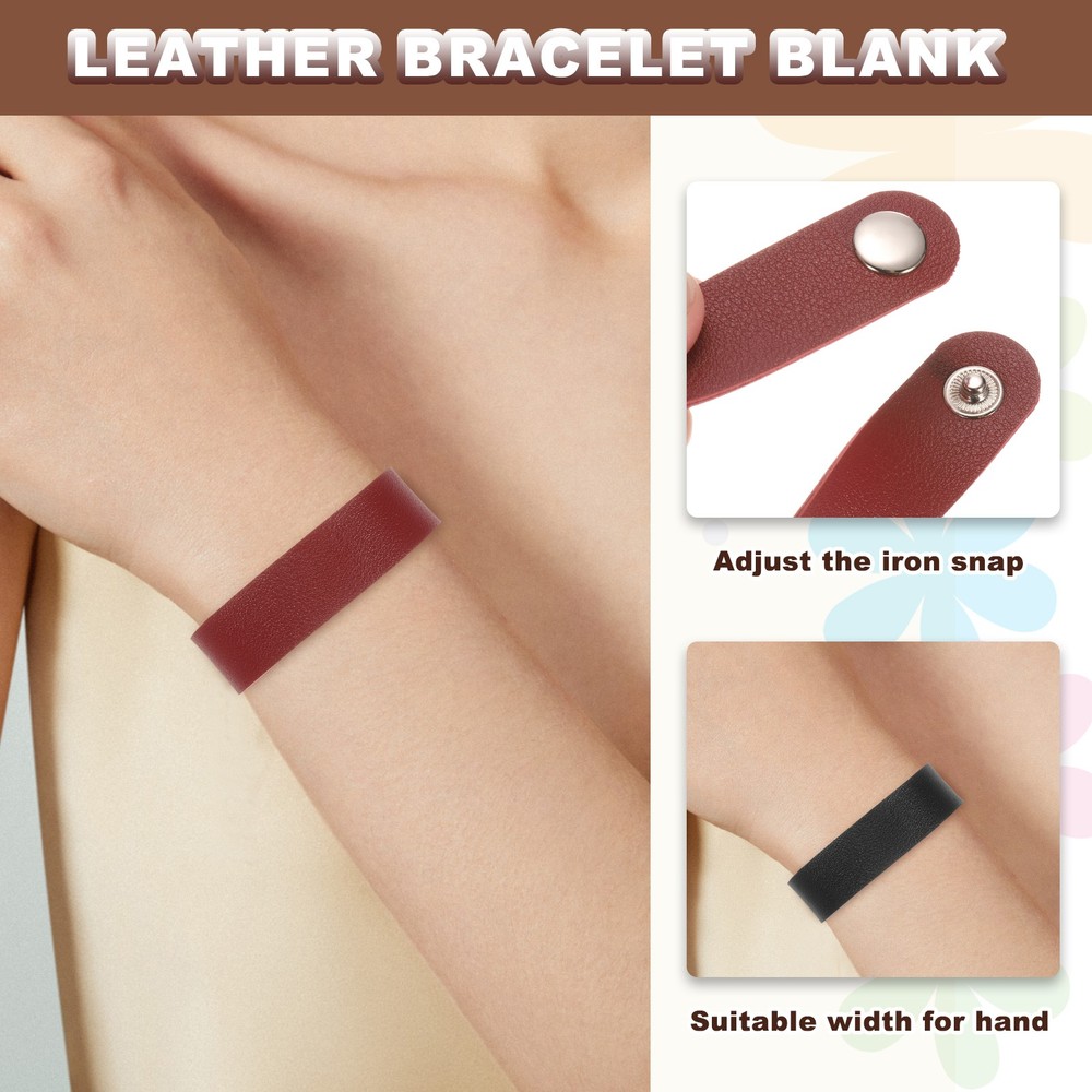 10 Pcs Plain Leather Bracelets Leather Snap Bracelets (Black, 3.9"x0.8")