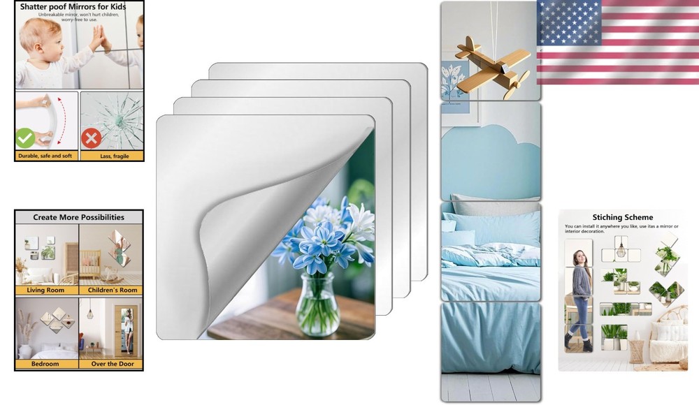 Versatile Unbreakable Wall Mirrors - 4PCS 14x12” for Kids, Dance Studios & More