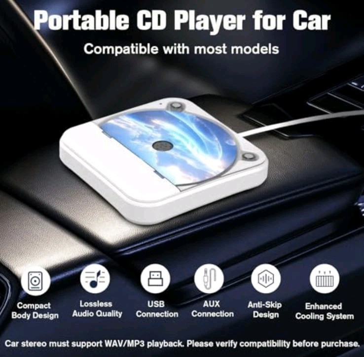 NEW Portable CAR CD Player USB & AUX Connection Universal Compatibility Remote