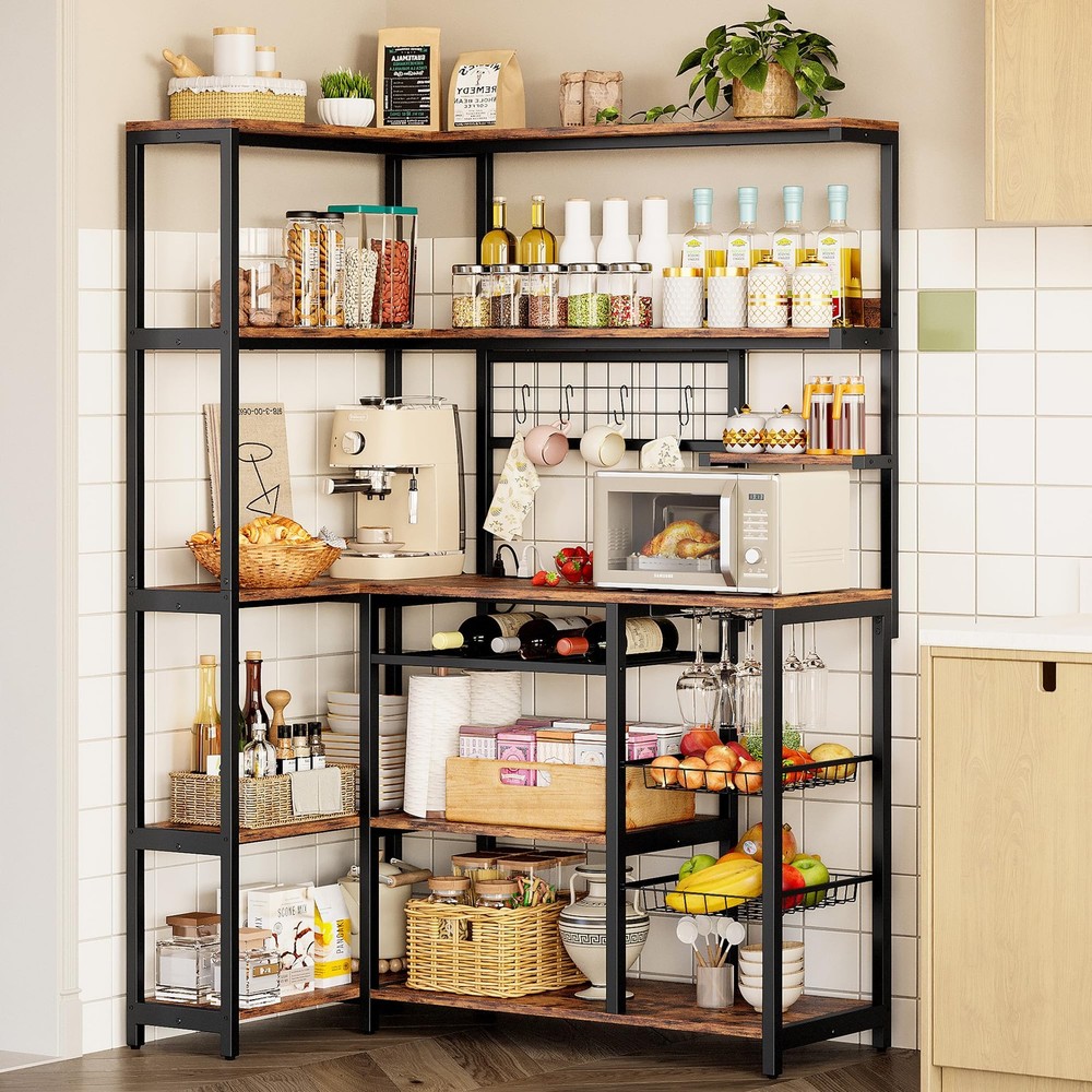 Large Bakers Rack with Power Outlet, 6-Tier Corner Microwave Stand, Industria...