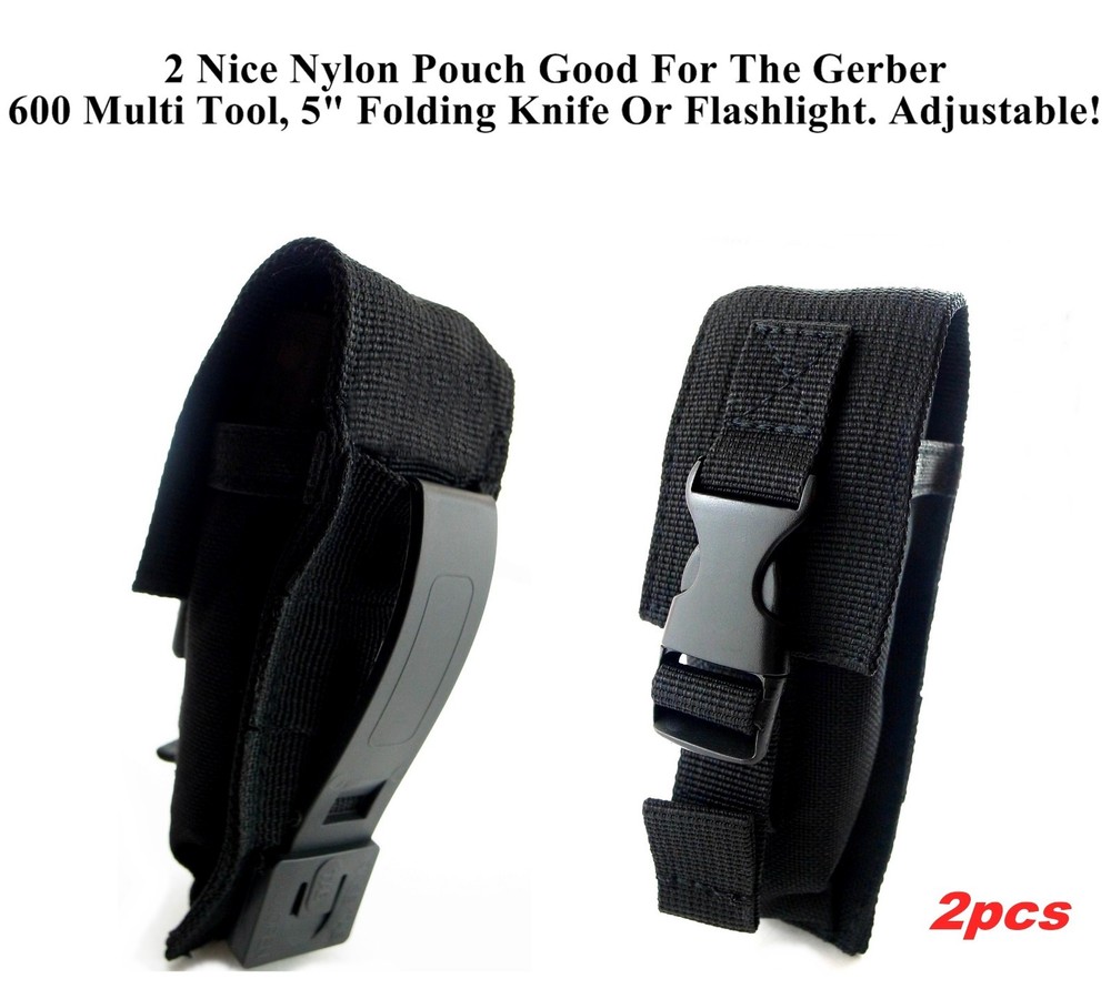 2 BLK Nylon Pouch/ Sheath For Gerber 600 Multi Tool, 5" Folding Knife Flashlight