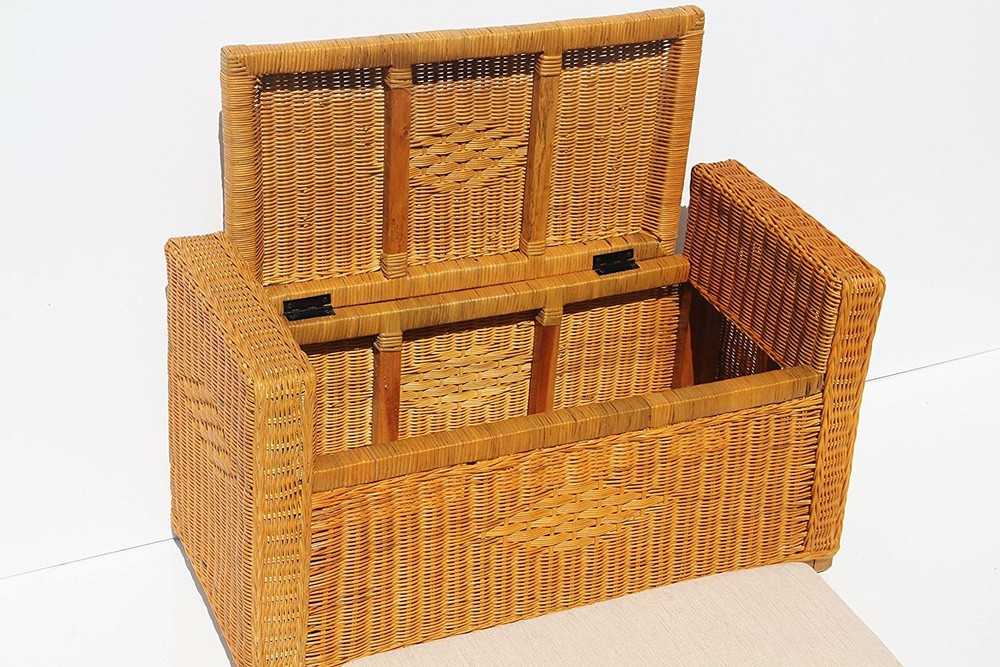 Handmade Rectangular Chest Ottoman Bruno Rattan Wicker w/ Cushion 32", Cognac