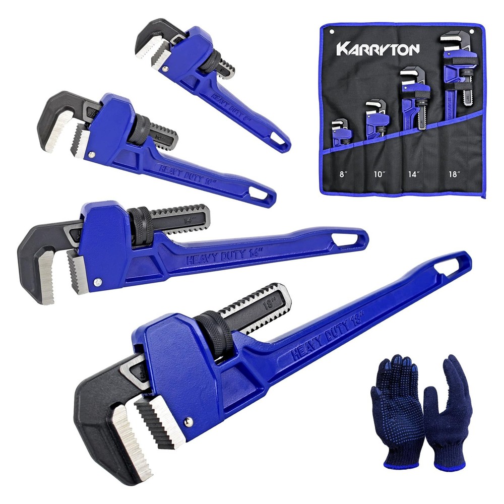 Pipe Wrench Set Adjustable Jaw Opening Cast Iron Handle 4 Pcs