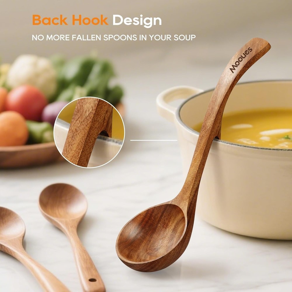 Teak Wood Ladle Set with Back Hooks
