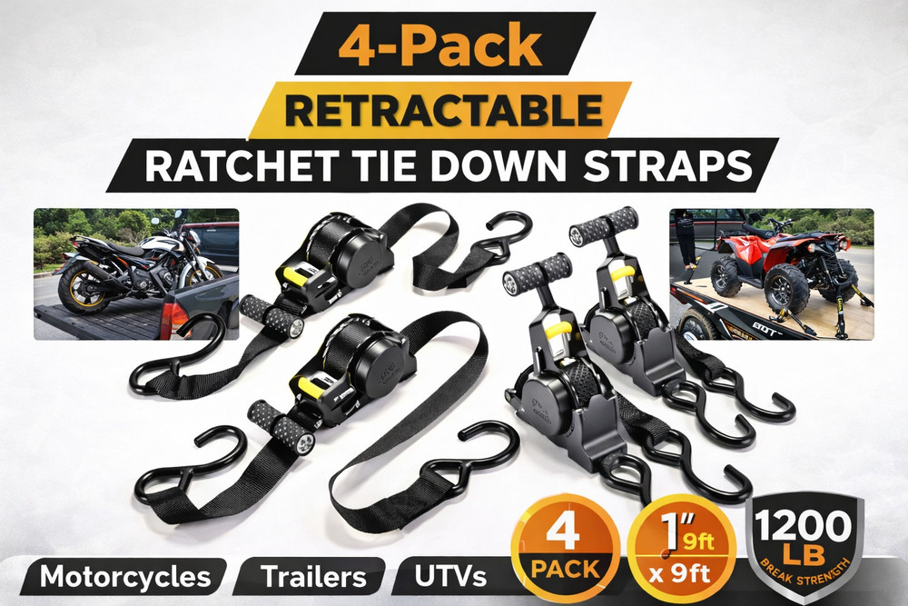 Retractable Ratchet Straps- (4 Pack) 1" x 10' 1200lb