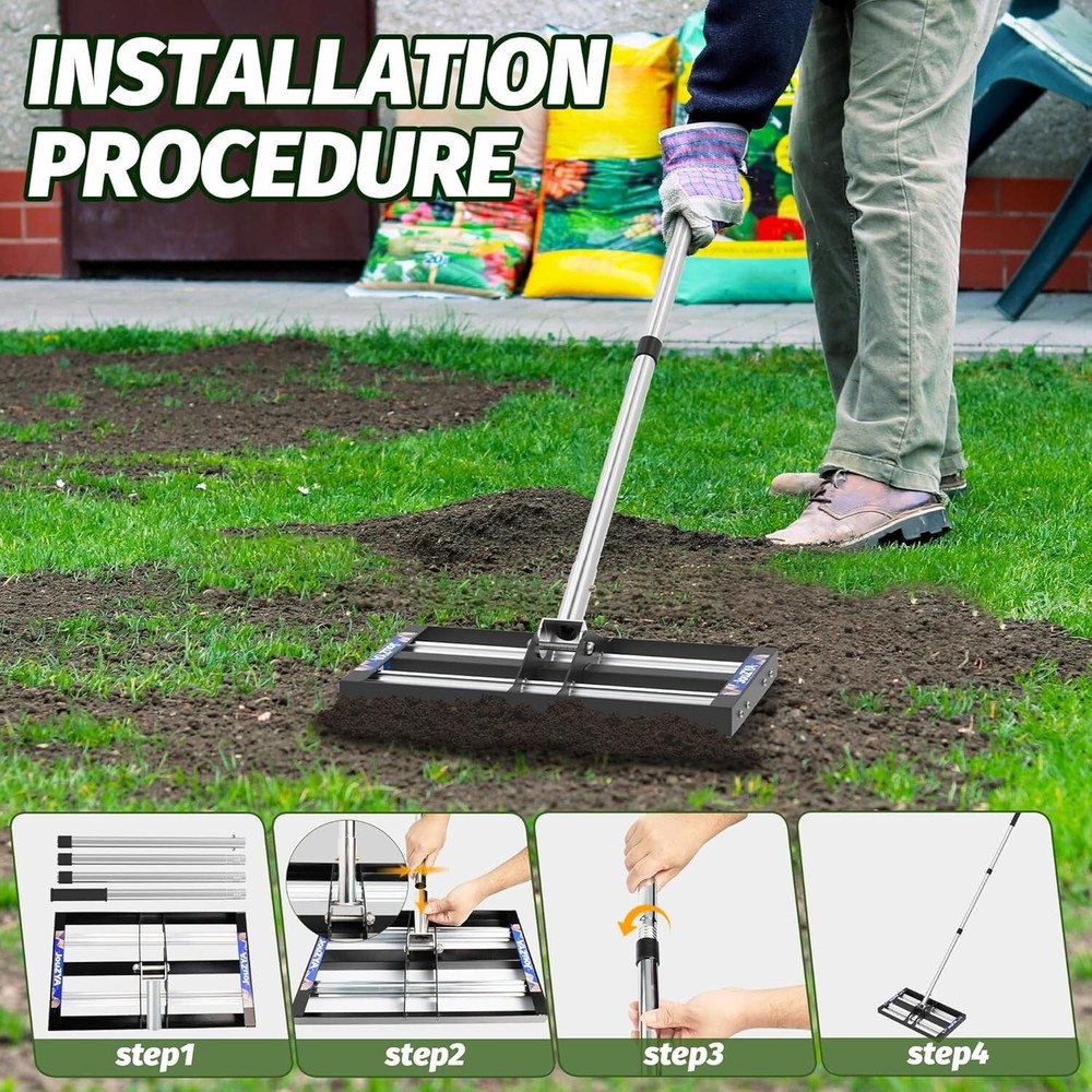 Lawn Leveling Rake-Aluminum Rollers，17"x10"Levelawn Tool with 70"Extended Handle