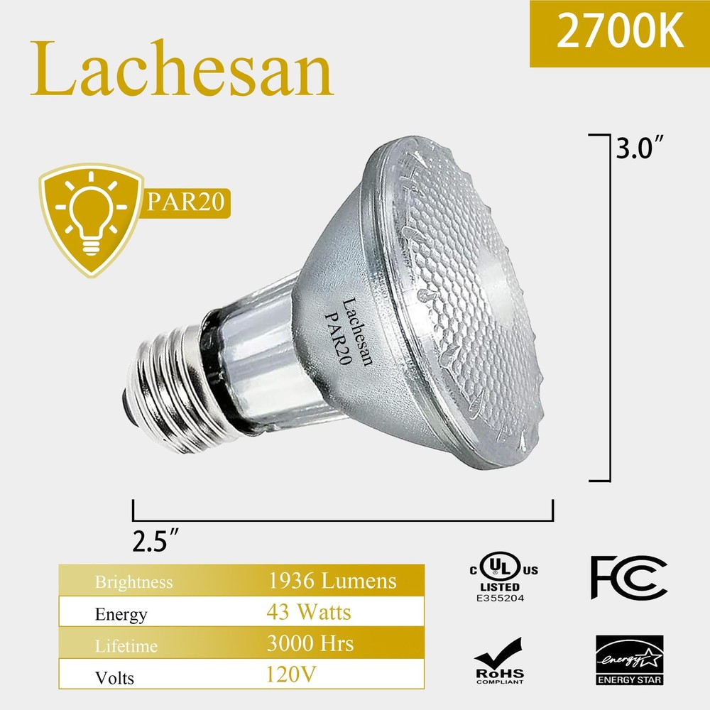 Lachesan PAR20 Flood 50W 120V Light Bulbs, 6 Pcs Range Warm White