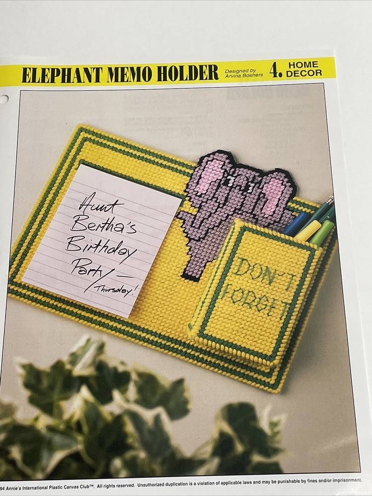 Annie's Attic Elephant Memo Holder Plastic Canvas Pattern