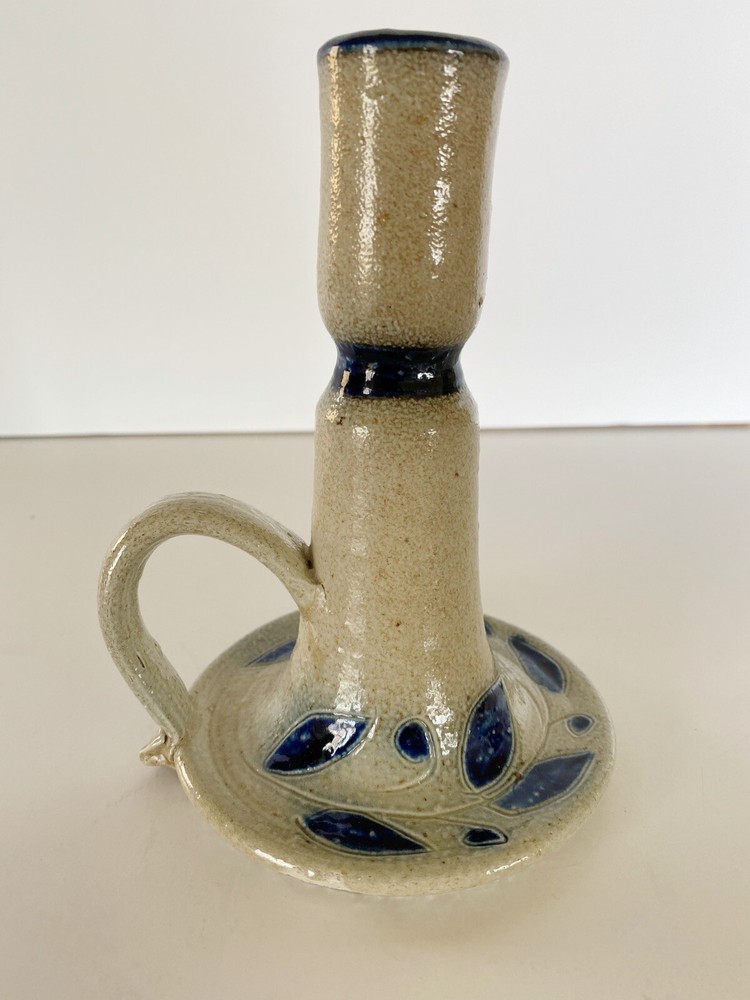 Pottery Salt Glazed Candlestick Holder 6 Inch Handle Blue Leaf Primitive Rustic