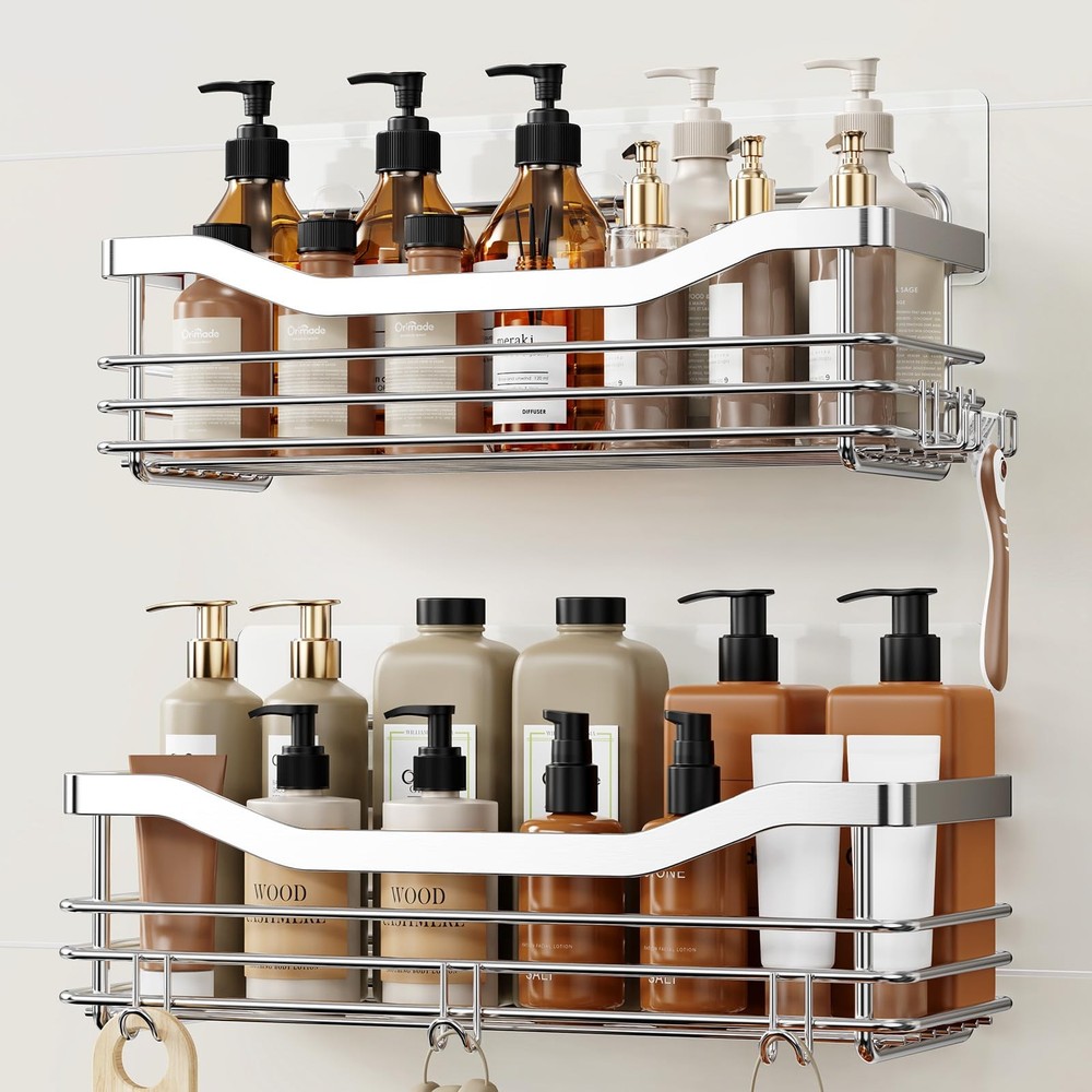 Orimade Shower Caddy Basket Shelf w/ 5 Hooks - Adhesive Organizer Storage Rack,