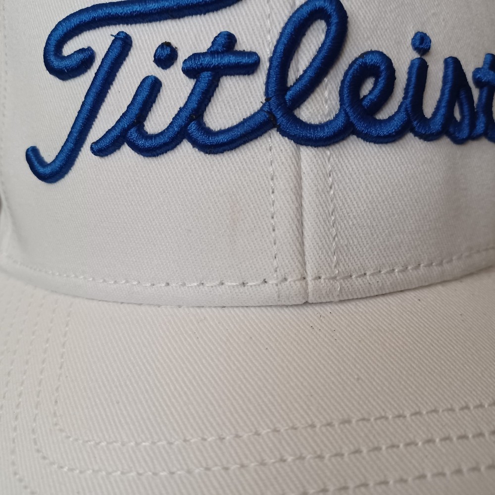 Titleist Hat Mens White Adjustable Blue Script Embroidered Logo Golf Cap