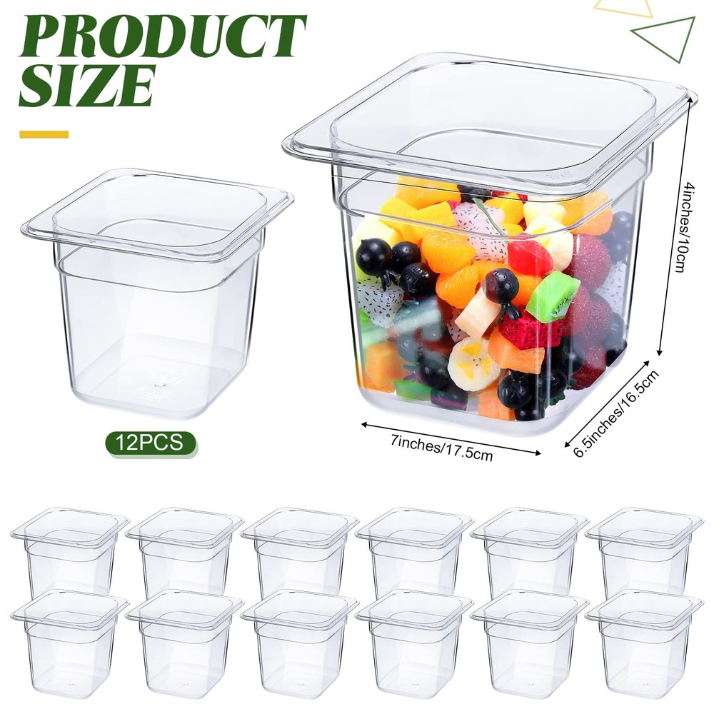 Yinder 12 Pcs Plastic Clear Food Pans 1/6 Size Stackable 4'' Deep,