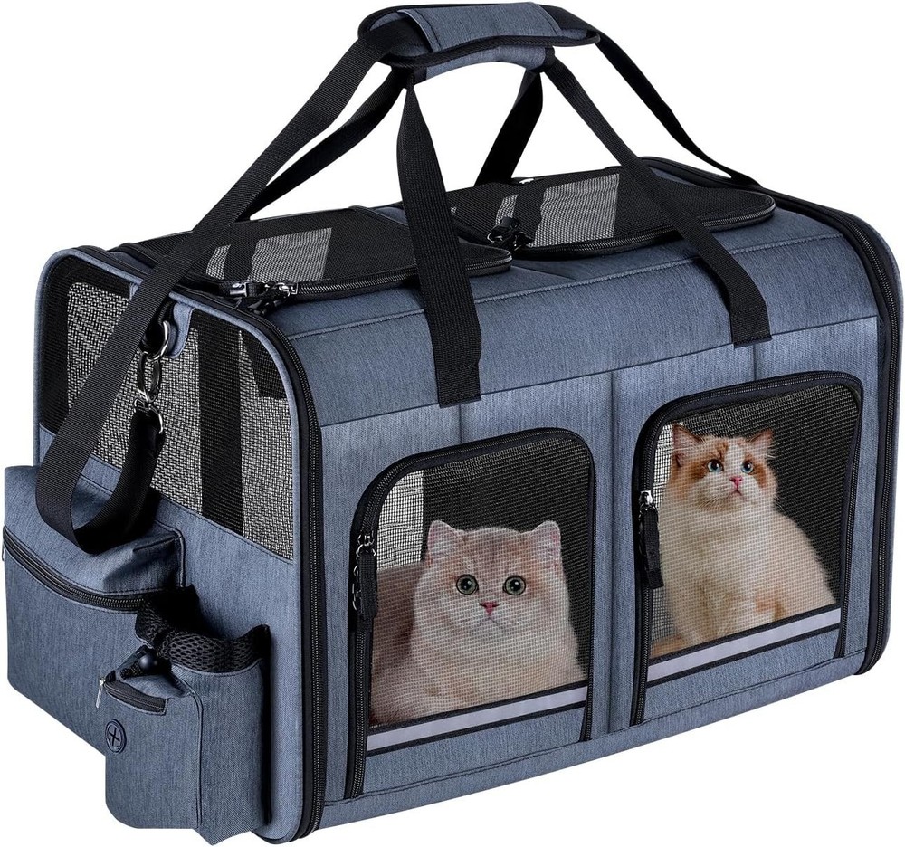 Stylish 2 Cat Carrier with Front Zippered Compartments - Foldable Grey Design