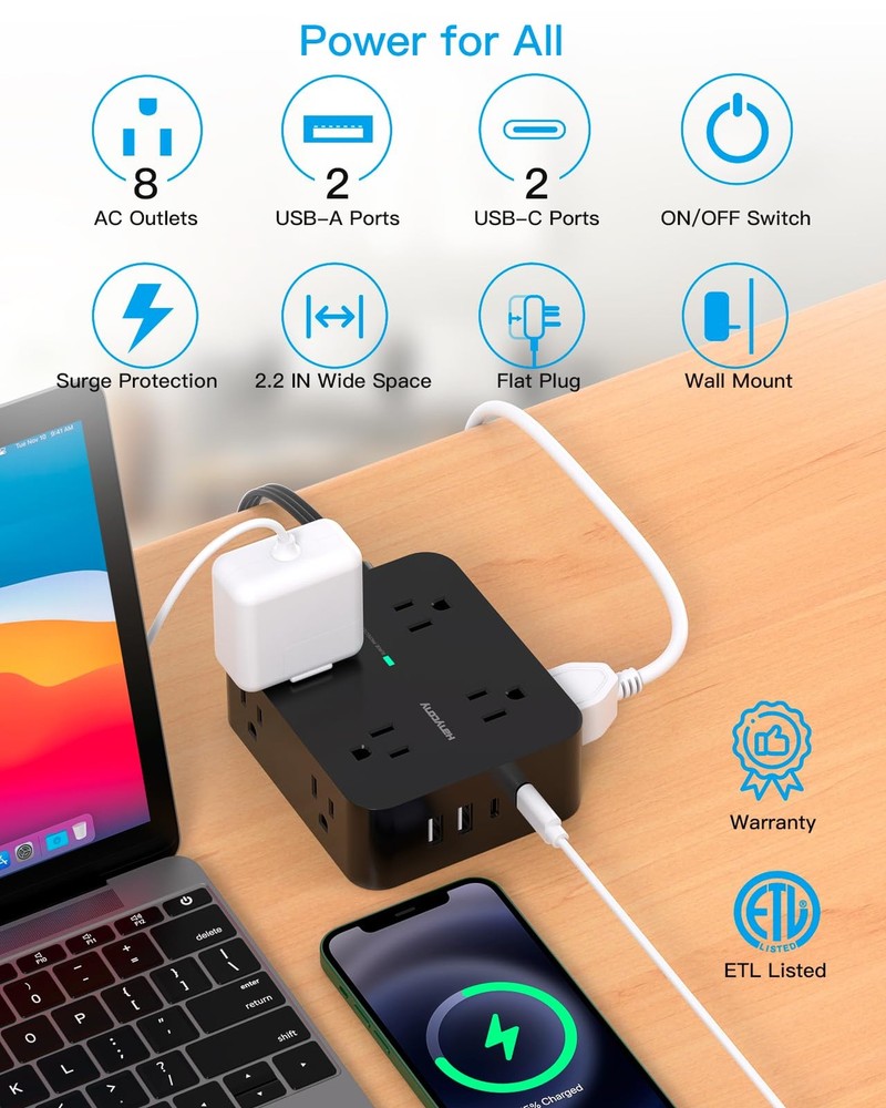Power Strip Surge Protector, 5Ft Ultra Thin Flat Extension Cord with Multiple...
