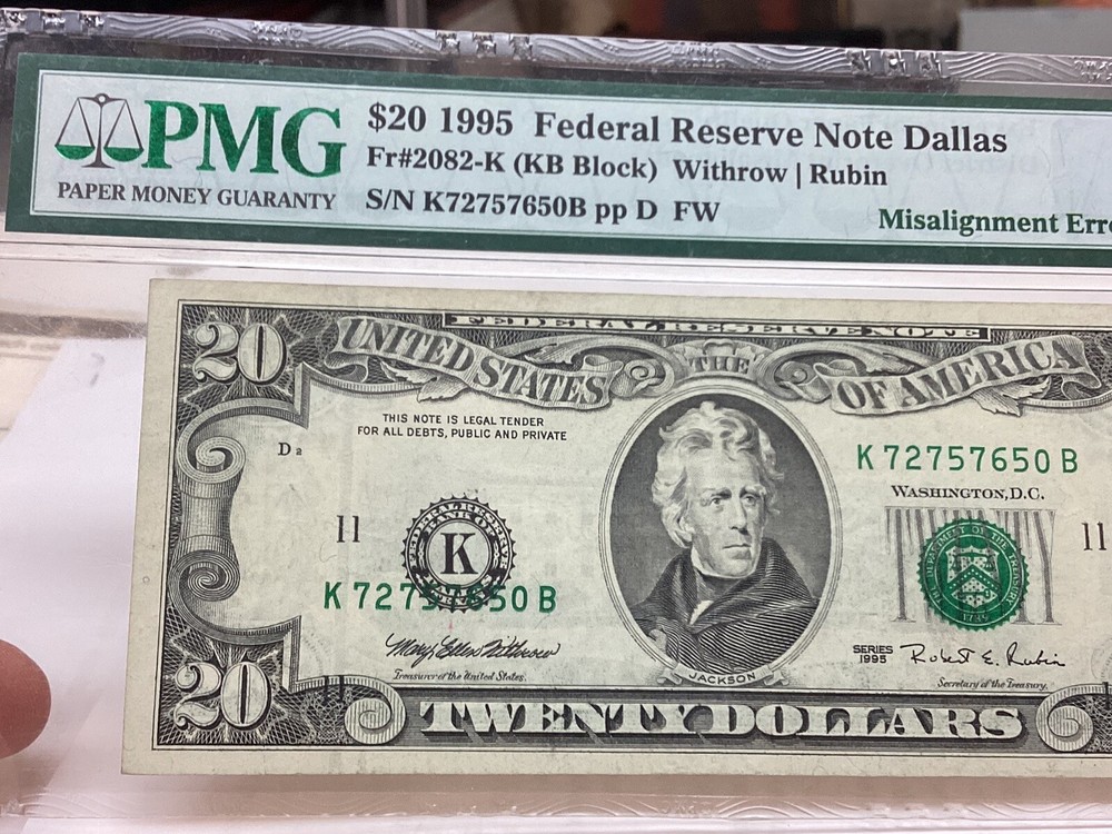 $20 1995 PMG 35 EPQ Misalignment Error District Overprint Fr#2082-K
