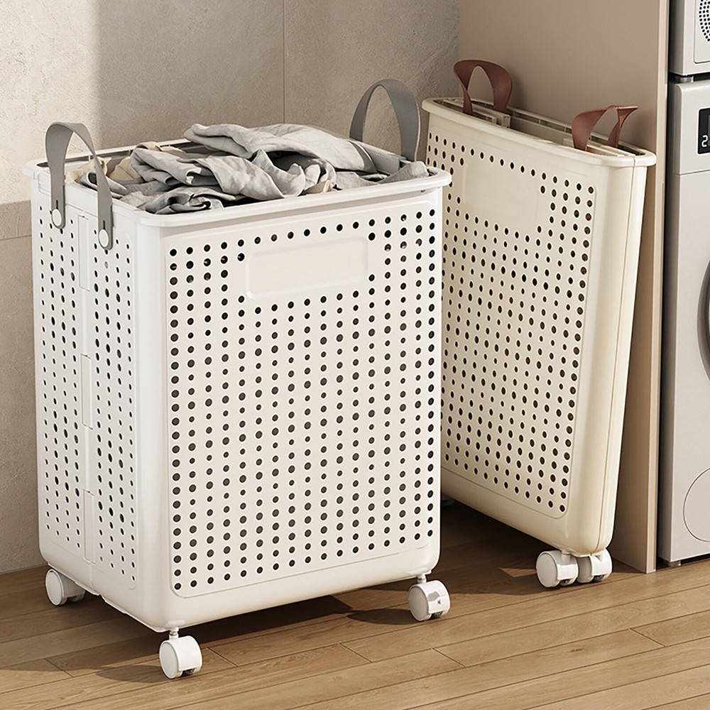 Folding Laundry Basket Hamper Movable Bathroom Dirty Clothes Hamper w/ 4 Wheels