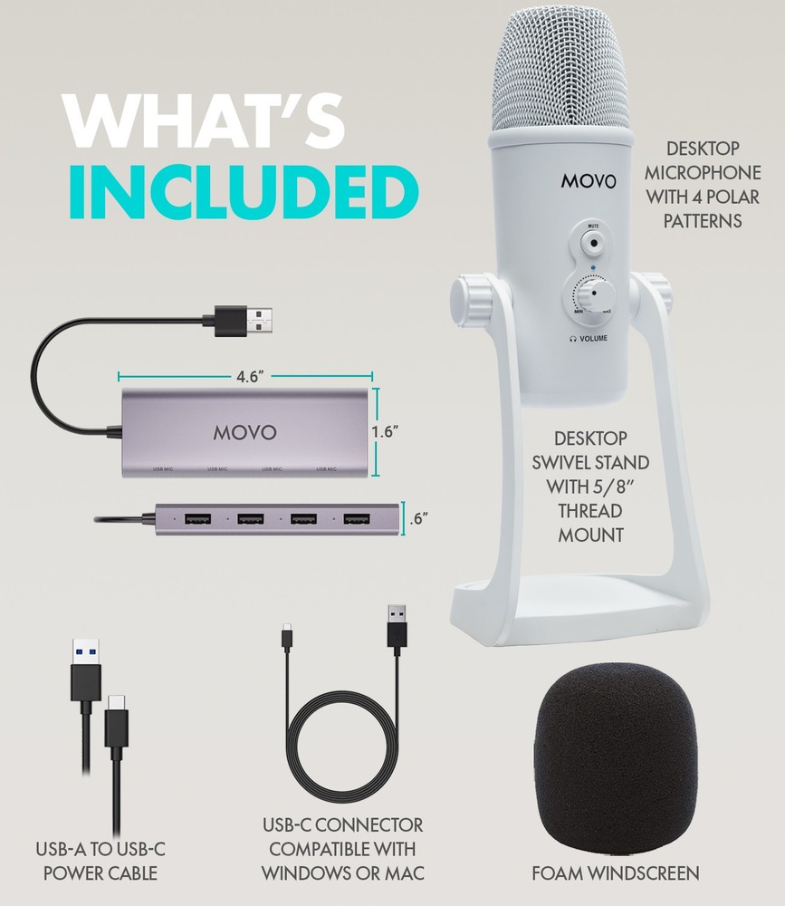 Movo White USB Podcast Equipment Bundle for 4