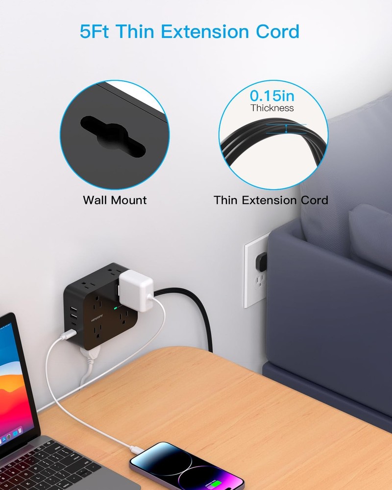 Power Strip Surge Protector, 5Ft Ultra Thin Flat Extension Cord with Multiple...