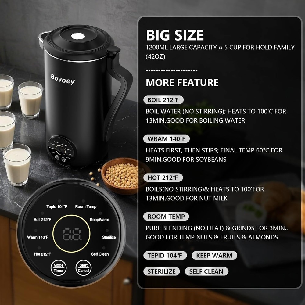 40oz Automatic Nut Milk Maker with Delay Timer & Self-Clean – Ideal for Families
